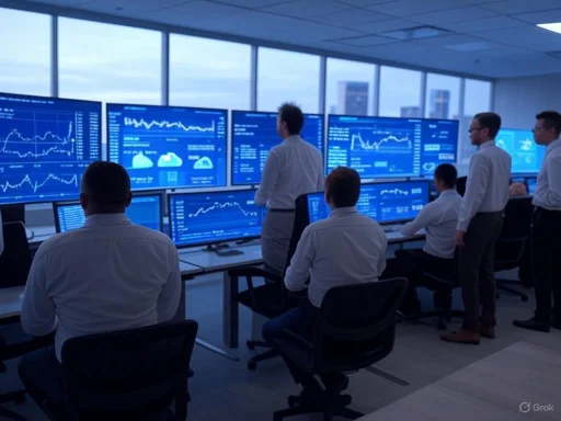 Team members monitor financial data and stock market trends on multiple large screens in a modern office.