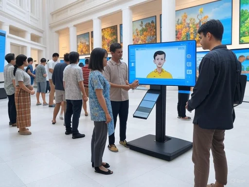 Visitors interacting with a digital avatar display in an art gallery or museum exhibit.