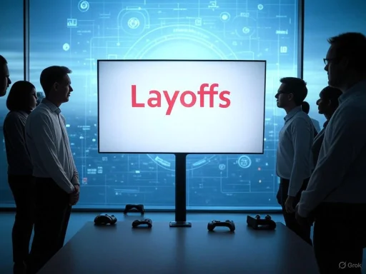 A group of business people facing a screen displaying 'Layoffs' in a high-tech conference room. A group of business people facing a screen displaying 'Layoffs' in a high-tech conference room.