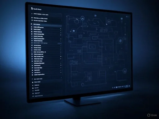 A computer monitor displays a complex technical diagram or schematic with a dark background.
