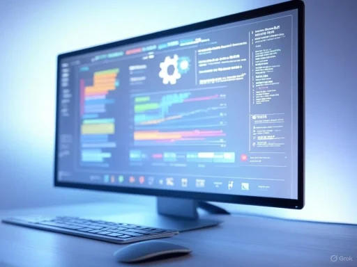 A computer monitor displays colorful data charts and graphs on a sleek desk setup.
