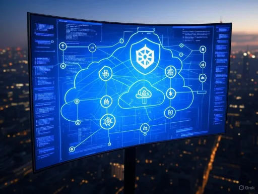 A digital security network diagram displayed on a curved screen against a cityscape at dusk.
