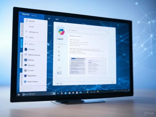 A computer monitor displays a software interface with various options and a visual design resembling digital or AI-related themes.