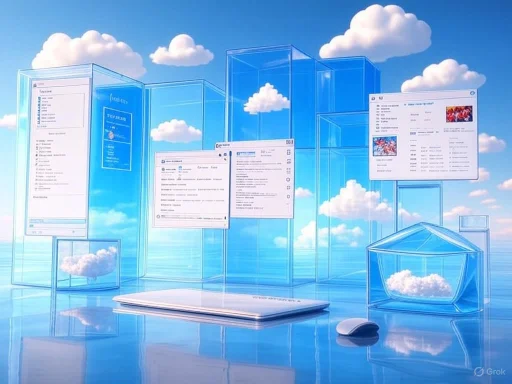 Digital windows and devices float in a sky-blue, cloud-filled virtual environment.
