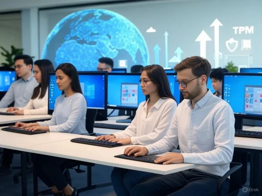 A diverse group of people working on computers in a modern, technology-focused classroom or office environment.