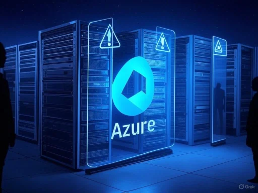 A futuristic server room showcasing Microsoft's Azure cloud platform with holographic warning signs.