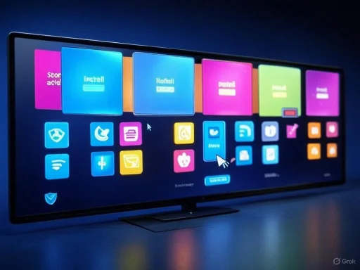 A smart TV screen displays colorful app icons and options for streaming, internet, and entertainment.