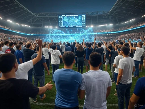 Crowd at a stadium watching a high-tech, possibly digital or sci-fi-themed, holographic or projection display. Crowd at a stadium watching a high-tech, possibly digital or sci-fi-themed, holographic or projection display.