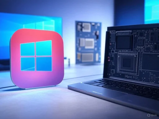 A laptop displaying circuit diagrams next to a pink Windows logo stand, with monitors in the background.