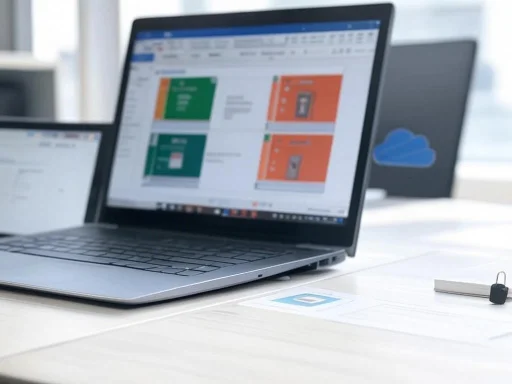 A laptop displays a project management or planning software on a bright desk, with a padlock and a key nearby.