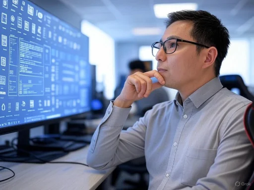 A man in glasses studies data on large computer screens in an office environment.