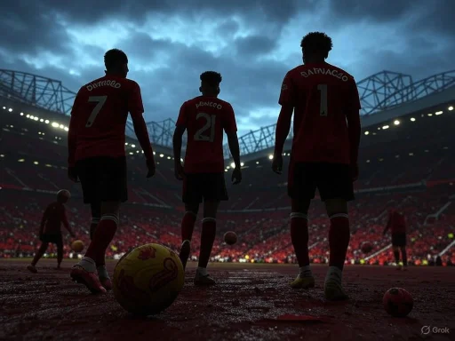 Three soccer players stand on the field with their backs to the camera, under a cloudy sky at a stadium.