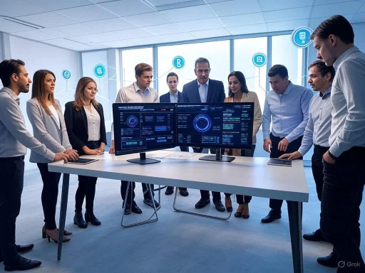 Team of professionals discussing data and analytics around dual monitors in a modern office. Team of professionals discussing data and analytics around dual monitors in a modern office.