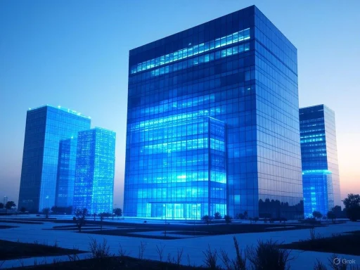 Modern blue glass skyscrapers reflecting the sky in a corporate cityscape at dusk. Modern blue glass skyscrapers reflecting the sky in a corporate cityscape at dusk.