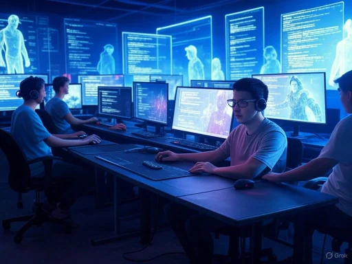 Group of young people working on computers in a high-tech, futuristic control room or cyber environment.