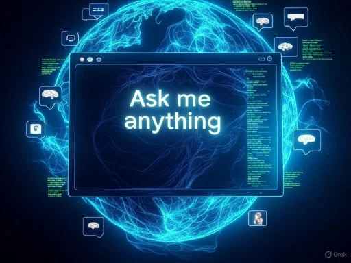 A digital globe with neural network visuals and chat icons, displaying 'Ask me anything' in a futuristic virtual interface.