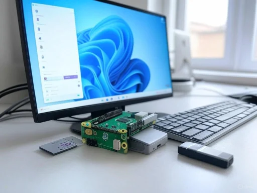 A computer setup with a monitor, keyboard, Raspberry Pi, SD card, external drive, and a USB stick on a white desk near a window.