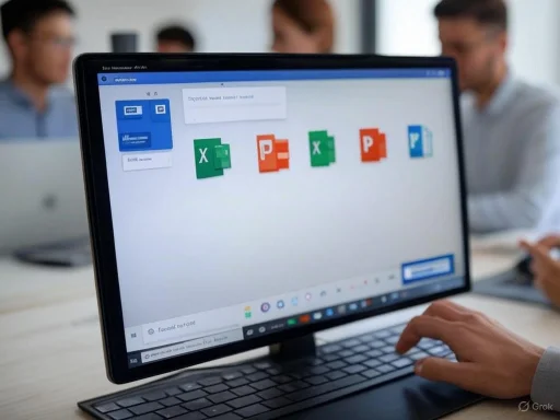 A person working on a computer with Microsoft Office icons on the screen during a meeting or collaborative work session.