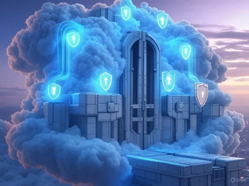 A digital fortress in the sky surrounded by clouds and shield icons representing security and protection.
