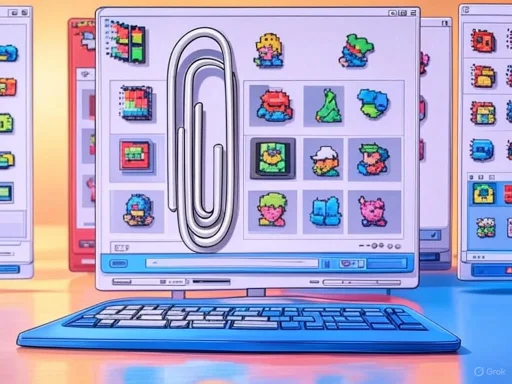 A computer monitor displays pixel art icons and puzzles, with a large paperclip graphic overlay and a keyboard in front.