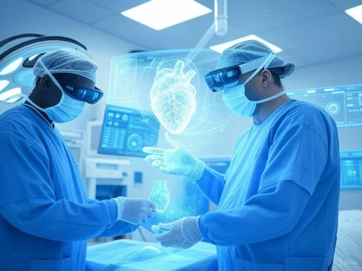 Doctors using augmented reality to examine a digital heart and lungs in a high-tech medical setting.