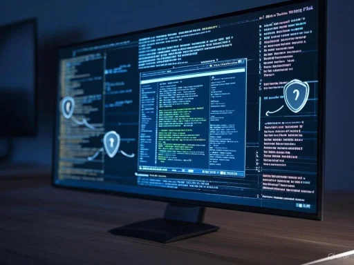 A computer monitor displays a dark-themed interface with code, data, and security icons in a dimly lit room.