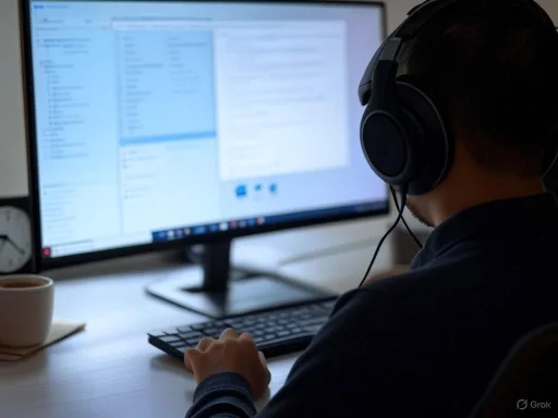 Person wearing headphones working on a computer with a large monitor displaying a software interface.