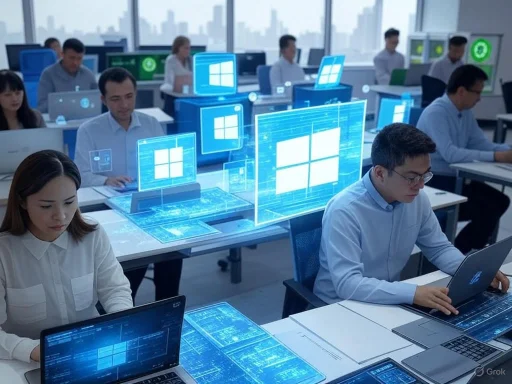 Employees working on laptops in a high-tech, digitalized office environment with holographic Windows icons.