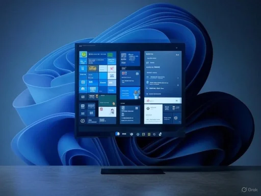 A computer monitor displays a Windows 11 start menu against a stylized digital background.