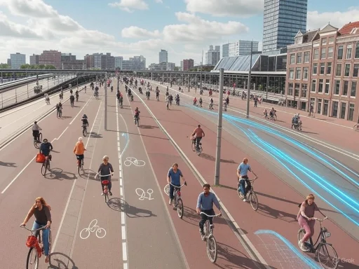 A busy urban bike lane with cyclists, blue digital lines indicating a proposed route, and city buildings in the background. A busy urban bike lane with cyclists, blue digital lines indicating a proposed route, and city buildings in the background.