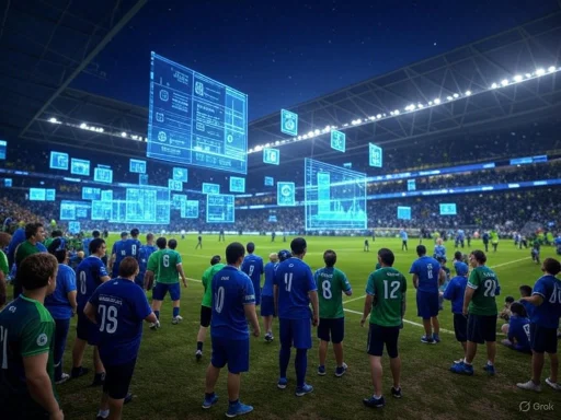 Soccer players and spectators in a stadium with digital holographic displays overhead.