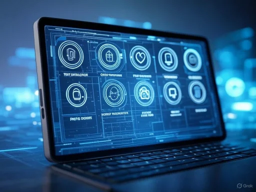 A futuristic digital interface on a tablet displays various security and health icons with holographic effects.