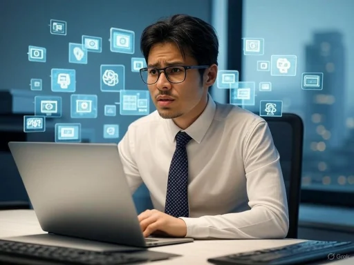 A man in a suit and glasses looks puzzled at his laptop with digital icons floating around him in a high-tech office setting.