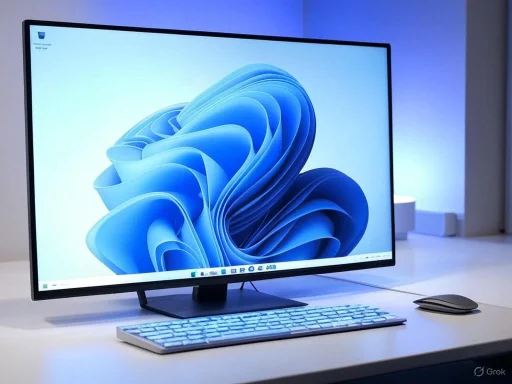 A sleek computer setup with a large monitor, keyboard, and mouse on a white desk illuminated by cool blue lighting.