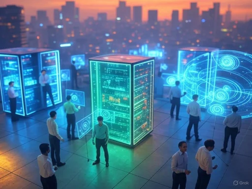 People interact with holographic digital data displays against a city skyline at dusk.