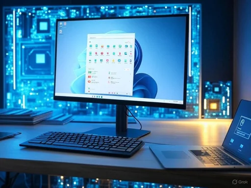 A computer workstation with a large monitor, keyboard, and laptop in a high-tech, futuristic blue-lit environment.