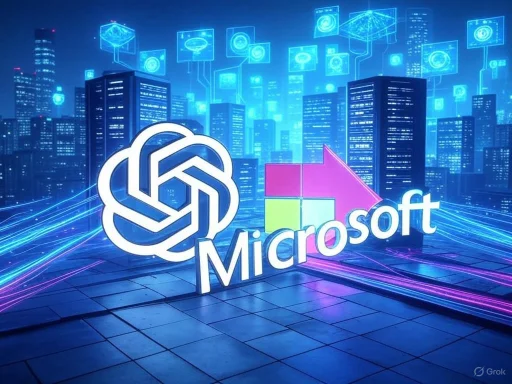 A futuristic cityscape with digital holograms and the Microsoft logo, highlighting technological innovation and connectivity.