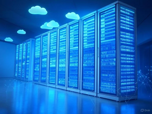 A modern data center with blue-lit server racks and cloud icons on the ceiling. A modern data center with blue-lit server racks and cloud icons on the ceiling.