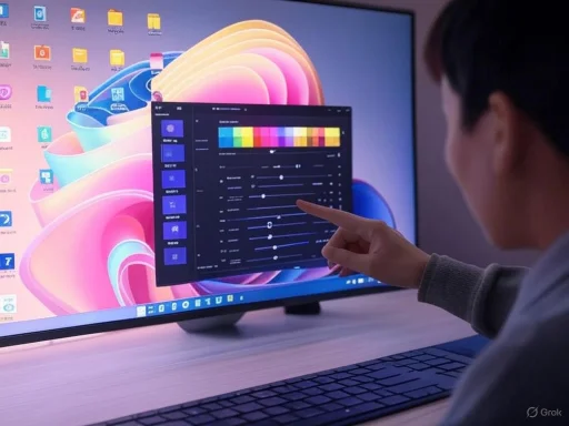Person adjusting color settings on a computer monitor displaying a desktop with icons.