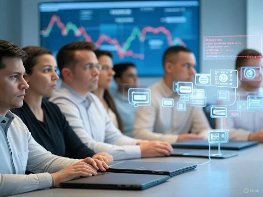 Team of professionals attending a high-tech presentation with holographic data and stock market graphs. Team of professionals attending a high-tech presentation with holographic data and stock market graphs.