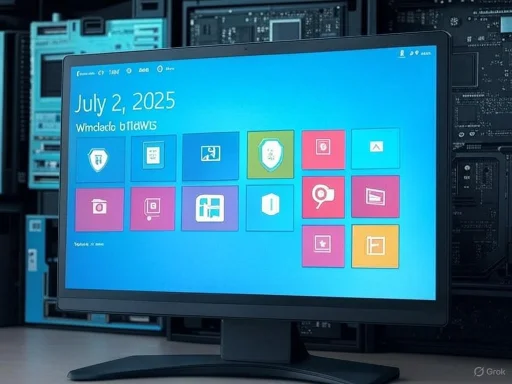 A computer monitor displaying a date and colorful application icons in a server room setting.