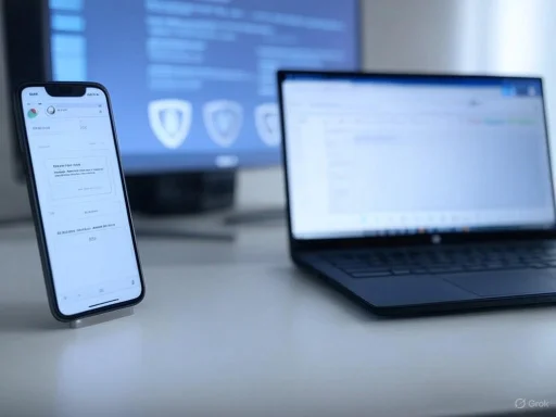 A smartphone and a laptop on a desk with blurred screens, suggesting a workspace with cybersecurity or hacking activity.