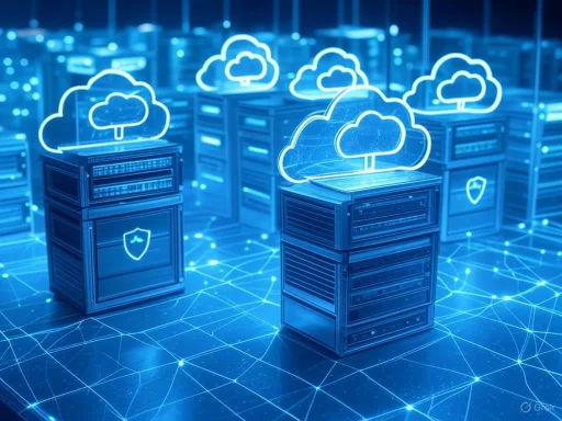 Multiple servers with cloud icons and security shields symbolize cloud computing and data protection.