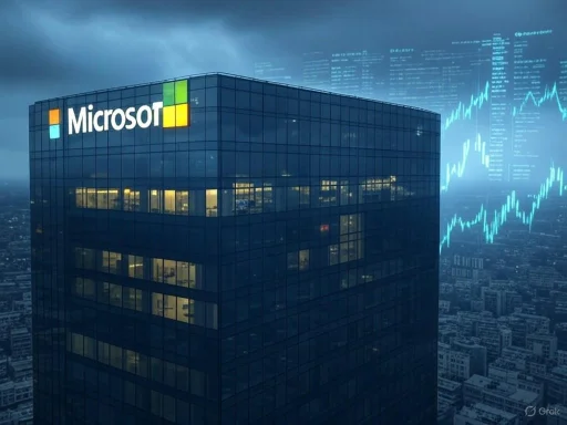 A tall Microsoft building with stock market graphs overlayed in the background under a dark, cloudy sky. A tall Microsoft building with stock market graphs overlayed in the background under a dark, cloudy sky.