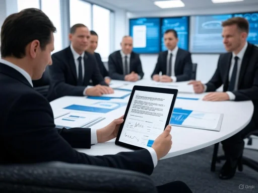 Business meeting with a person presenting a document on a tablet to colleagues in a conference room.