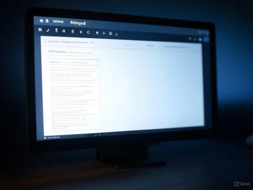 A computer monitor displays a blurred text document in a dark room.