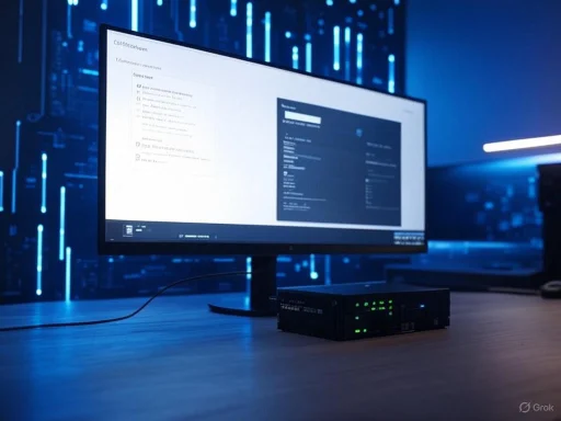 A computer monitor displaying a login screen with a network server in a high-tech, blue-lit digital environment.