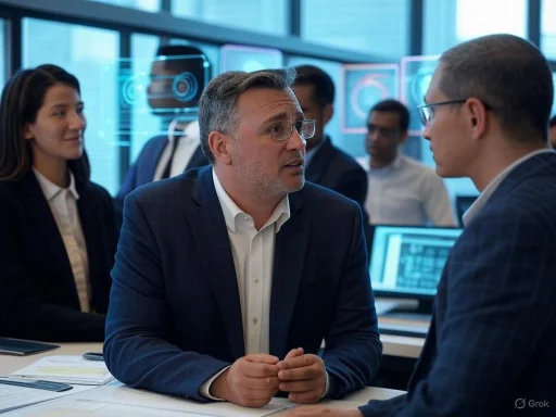 A professional business discussion taking place in a modern office setting with multiple colleagues.