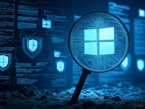 Magnifying glass with Windows logo and circuit pattern, symbolizing cybersecurity or digital protection.