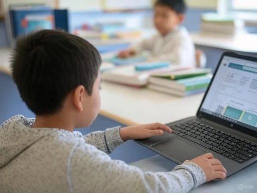 A young boy is working on a laptop in a classroom with books and another student in the background.